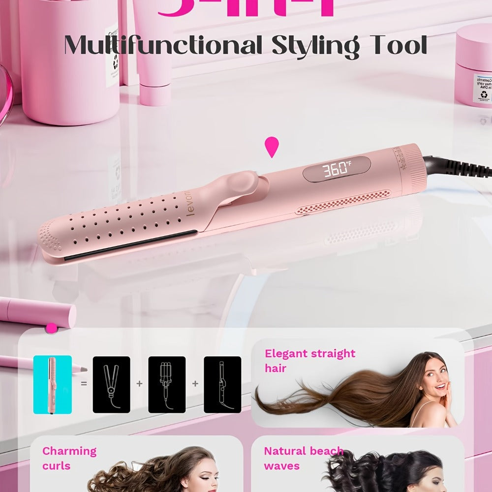 2-in-1 Pink Heated Curling Iron, Flat Iron and Curler, Heat-Free Curling Iron, 360° Adjustable, 5-Level Hot/Cold Air Adjustment, Fast & Dual Voltage, for Long and Short Hair