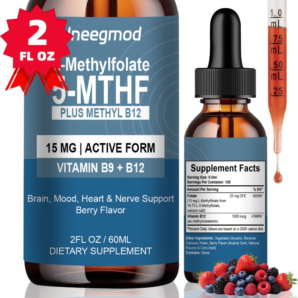 [L Methylfolate 15mg] Uneegmod L Methylfolate 15mg Methylated B9 Vitamin (5-Mthf) Active Folic Liquid Supplement Drops Acid-Enriched with Vitamins B12 Methylated Multivitamin 2fl.oz Gluten Free Berry Flavor