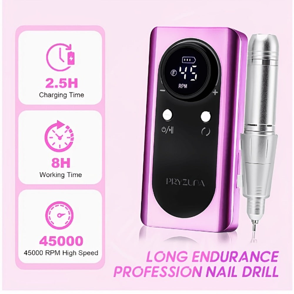 45000 RPM Adjustable Speed Nail Drill Professional Cordless Electric Nail File Low-noise Nail Manicure Machine for Women Buffing And Polishing Nail Tool Set with LCD Display for Nail Salon for Nail Care(Pink Purple White)