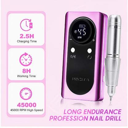 Nail Drill 45000 RPM Adjustable Speed LCD Display Cordless Electric Nail File Low Noise Manicure Machine Buffing Polishing Tool Set for Salon Home Women