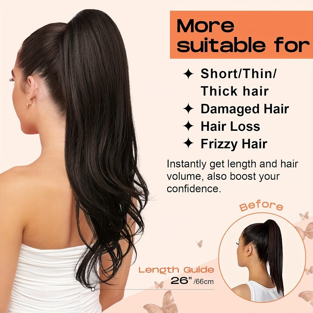 Drawstring Ponytail Extension for Women Synthetic Clip In Wrap Around Pony Tail Long Wavy Layered 26 Inch Blonde Brown Ash Brown Highlighted Multi Color No Glue No Heat