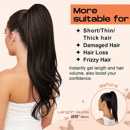 Drawstring Ponytail Extension for Women Synthetic Clip In Wrap Around Pony Tail Long Wavy Layered 26 Inch Blonde Brown Ash Brown Highlighted Multi Color No Glue No Heat