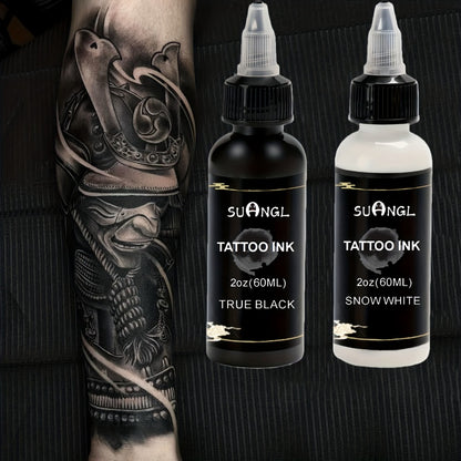 Professional Tattoo Ink Black & White 1.01oz — High Brightness Fine Particle Formula, Needle-Compatible Permanent Body Ink for Tattoo Machines, Studios & Hobbyists