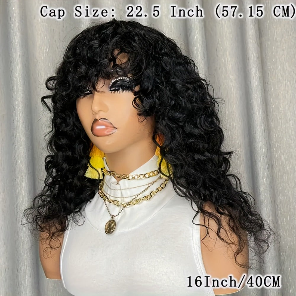 Water Wave Wig with Bangs Remy Human Hair Glueless Full Machine Made Rose Net Cap Non-Lace Natural Look Daily Wear & Party 16 Inch Black & 1B