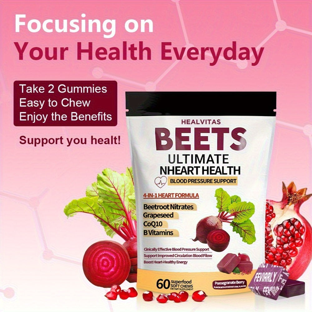 4-in-1 Super Beetroot Beetroot Chewable Gummies Support with CoQ10, Beetroot, Grapeseed, Multivitamins, Blood Pressure & Heart Health, Supplement for Circulation & Blood Flow, 60 Chewable Candies, One Month Supply