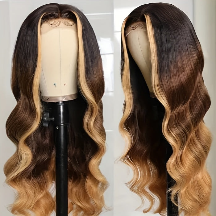 Ombre Blonde Lace Front Synthetic Wigs, Long Wavy 200% Density Pre Plucked Glueless Wigs with Hairline, 13x4 HD Transparent Lace Front, Body Wave for Women, Grey Blue, Daily Wear Christmas Halloween Party Wig, 4/27