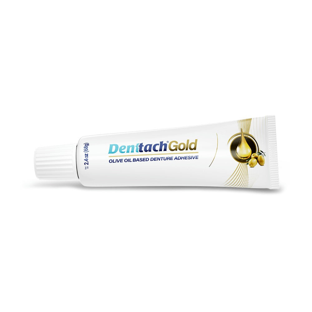 Denttach Gold Denture Adhesive, All Day Secure Hold Petroleum Free Olive Oil Based Refit and Tighten Loose Dentures | Non-Glue Adhesive Cushion, Works Like a Soft Reliner for Full and Partial Dentures Zinc Free 2.4 Ounce