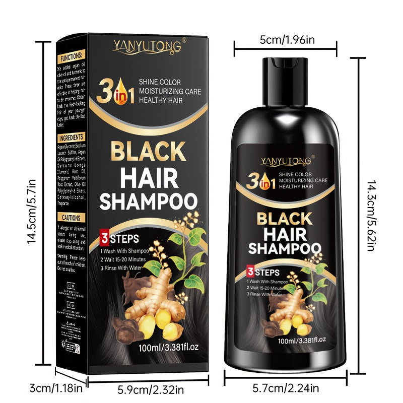 3.38oz Black Shampoo, Hair Dye And Conditioner, Natural Herbal Ingredients, Quick Gray Hair Coverage, Moisturizing Care, Non-Irritating, Smooth Styling, with Ginseng, Black Sesame, Ginger And Black Seed Extracts, Long-Lasting Natural Hair Dye Shampoo