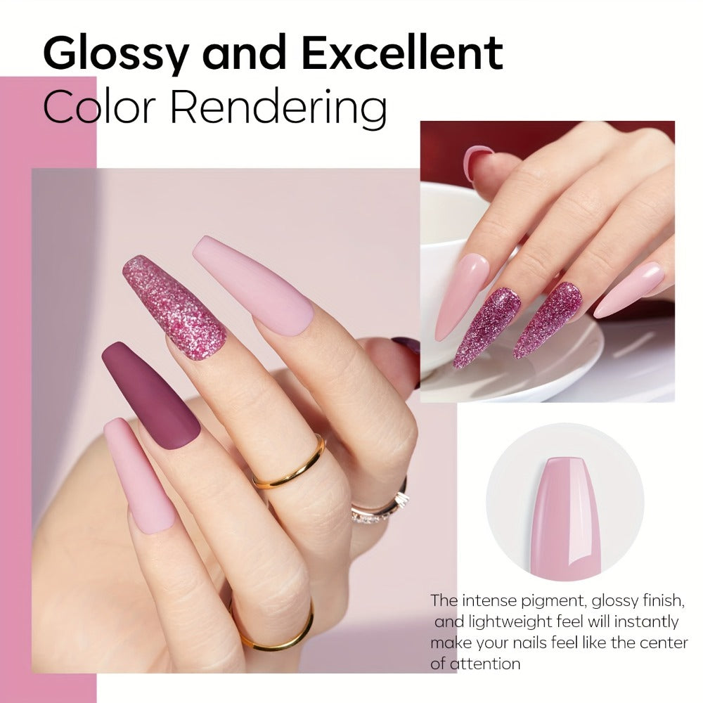 NOCIS Dip Powder Nail Kit Starter, 4 Colors Nude Pinkish Glitters Acrylic Dipping Powder System Liquid Set with Base/Top Coat Activator for French Nail Art Manicure Salon All-in-One Beginner Extension Kit
