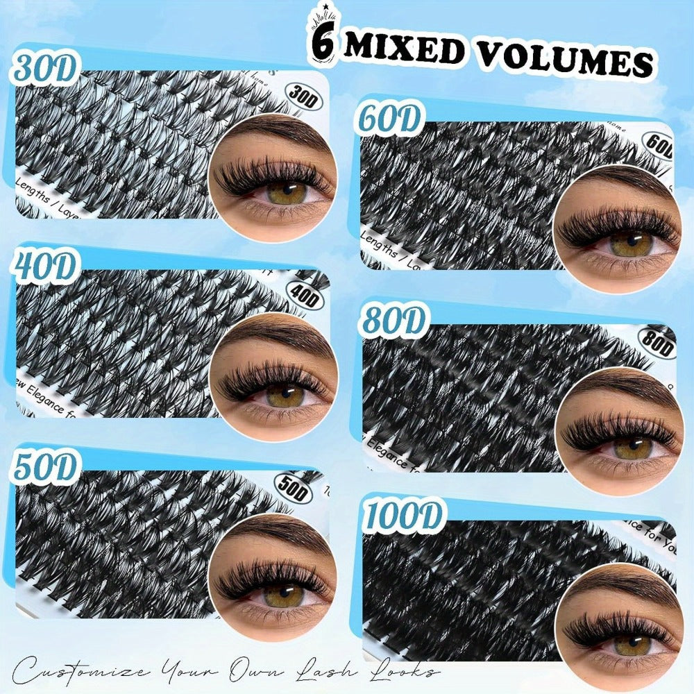 Lash Clusters Kit 720pcs Clusters Lash Extension Kit 30D-100D Eyelash Extensions Kits C Curl Individual Wispy Lashes Cluster Natural Eye Lash Trays With Glue&Tweezers For Beginners