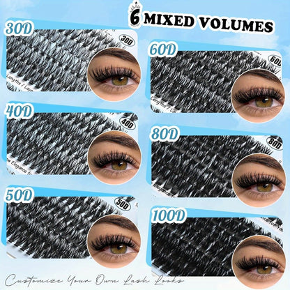 Lash Clusters Kit 720Pcs Individual Eyelash Extensions 30D 50D 80D 100D C Curl Wispy Cluster Lashes with Bond Glue & Tweezers DIY Lash Extension Kit for Beginners Natural Dramatic Eye Look