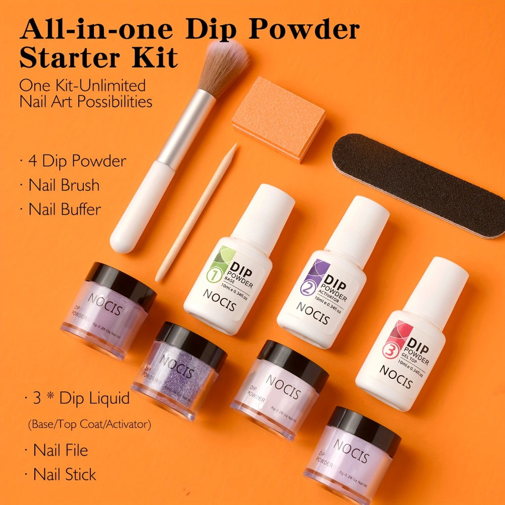 NOCIS Dip Powder Nail Kit Starter, 4 Colors Lilac Lavender Purple Glitter Nail Dipping Powder Essential Liquid Set with Base Top Coat Activator French Nail Art DIY At Home Manicure Salon All-in-One Beginner Kit