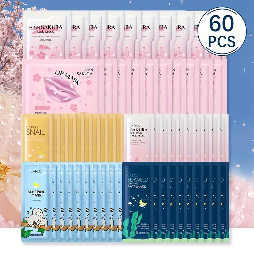 60pas Moisturizing Mask, Including 10 Cherry Blossom Lip Mask, 10 One-sided Mask, Cherry Blossom/snail/seaweed/sleeping Mask, Moisturizing Mask, The Best Gift Choice, Party Gift, Valentine's Day Gifts, Best Christmas Gifts