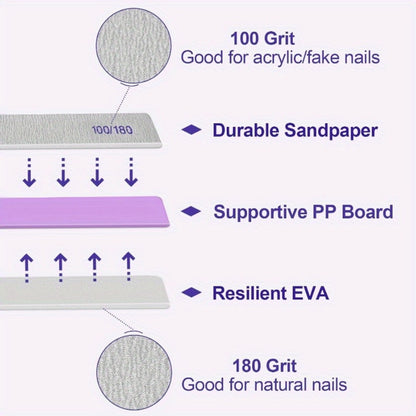 Emery Boards Nail Files 50 Pack 100 180 Grit Double Sided Professional Fingernail Filer Set Reusable for Natural Acrylic Gel Nails Manicure Salon Home Use