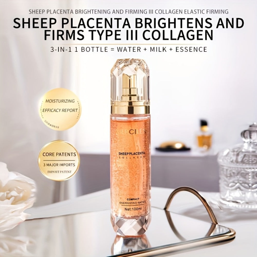 MERCILEN Sheep placenta Collagen Moisturizing Essence Water 3.38oz with collagen niacinamide hyaluronic acid - Brightens, Evens Light Beige Makes Light Beige Look Younger Suitable for All Light Beige Types Sleek Bottle Design skincare