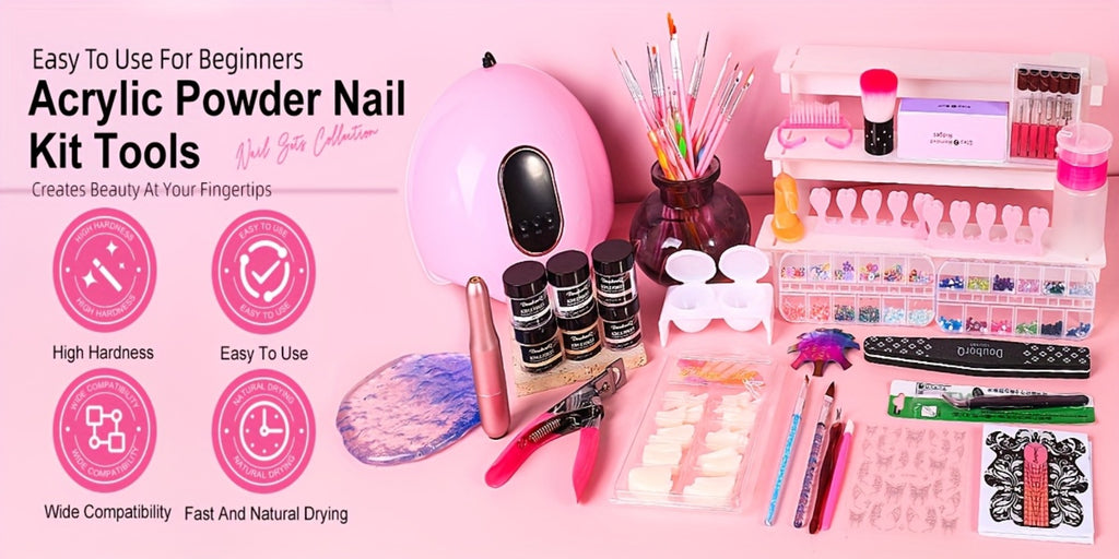 A Complete Acrylic Nail Kit That Includes a Drill And Light, Featuring Colored Acrylic Powders And All Necessary Tools for Beginners to Create Beautiful Nail Designs.