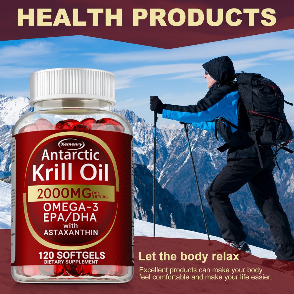 Antarctic Krill Oil - 2000 Mg - Rich in Omega-3 EPA, DHA and Astaxanthin - Supports Bone, Immune Health - 120pcs