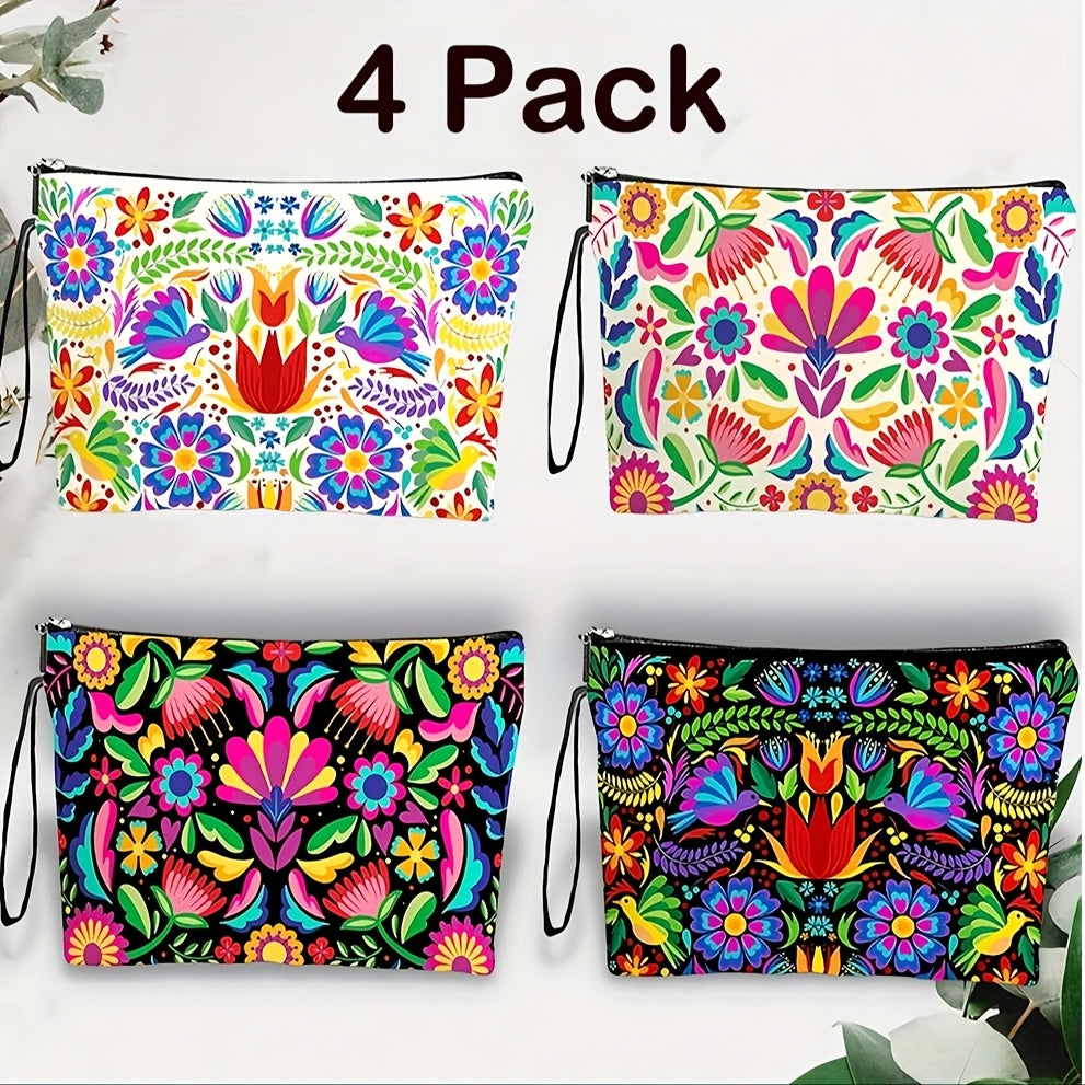 4pcs Vibrant Mexican Botanical Floral Makeup Bags for Women & Men - Large Capacity High Quality Cosmetic Organizers with Durable Zipper, Travel Toiletry Pouches for Vacation, Business, Outdoor - Perfect Birthday & Mother’s Day Gifts