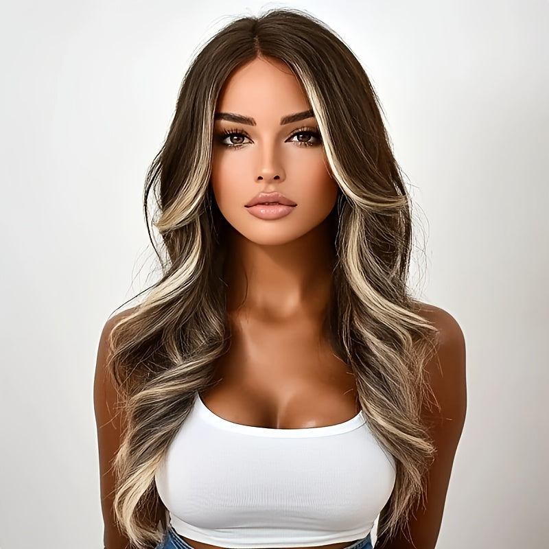 Synthetic Wigs for Women, Shoulder-length, with A Water Wave Style. It Has Brown Highlights. The Roots Of The Hair Are Brown, And The Middle Part Of The Hair Is In A Loose Curly Wave Shape. The Length Of The Wig Is 30 Inches, Suitable for Beginners.