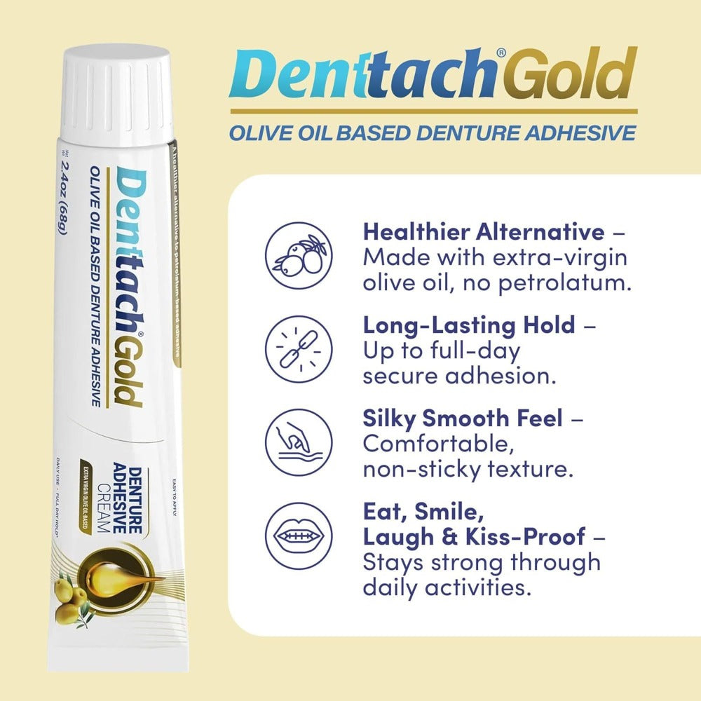 Denture Adhesive Cream Zinc-Free Olive Oil Formula - All Day Strong Hold for Full & Partial Dentures - Petroleum-Free Denture Glue 2.4 oz