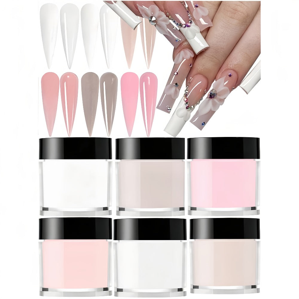 Set of 6 Acrylic Powders in Nude, Pink, And White, Featuring a High-Gloss End. Ideal for Nail Art, This Kit Includes 6 Colors for 3D Nail Sculptures, French Nail Extensions, And Carving. A Professional Polymer Acrylic Nail Art Kit
