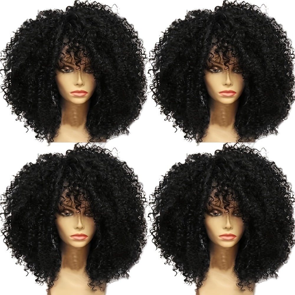 Afro Kinky Curly Wig with Bangs Synthetic 16 Inch Heat Resistant Elastic Cap for Women Color 1B Daily Wear Cosplay Halloween Party Christmas