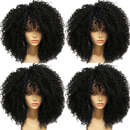 Afro Kinky Curly Wig with Bangs Synthetic 16 Inch Heat Resistant Elastic Cap for Women Color 1B Daily Wear Cosplay Halloween Party Christmas