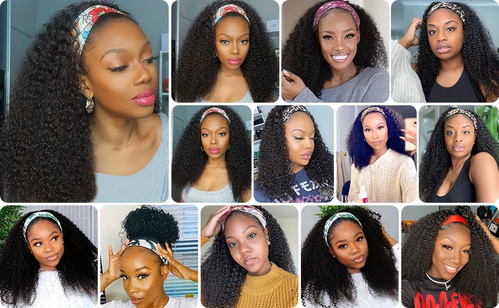 Headband Wig Human Hair Kinky Curly Human Hair Wigs No Lace Wigs Glueless Wig Human Hair Full Machine Made Brazilian Human Hair Wigs for Women 180% Density
