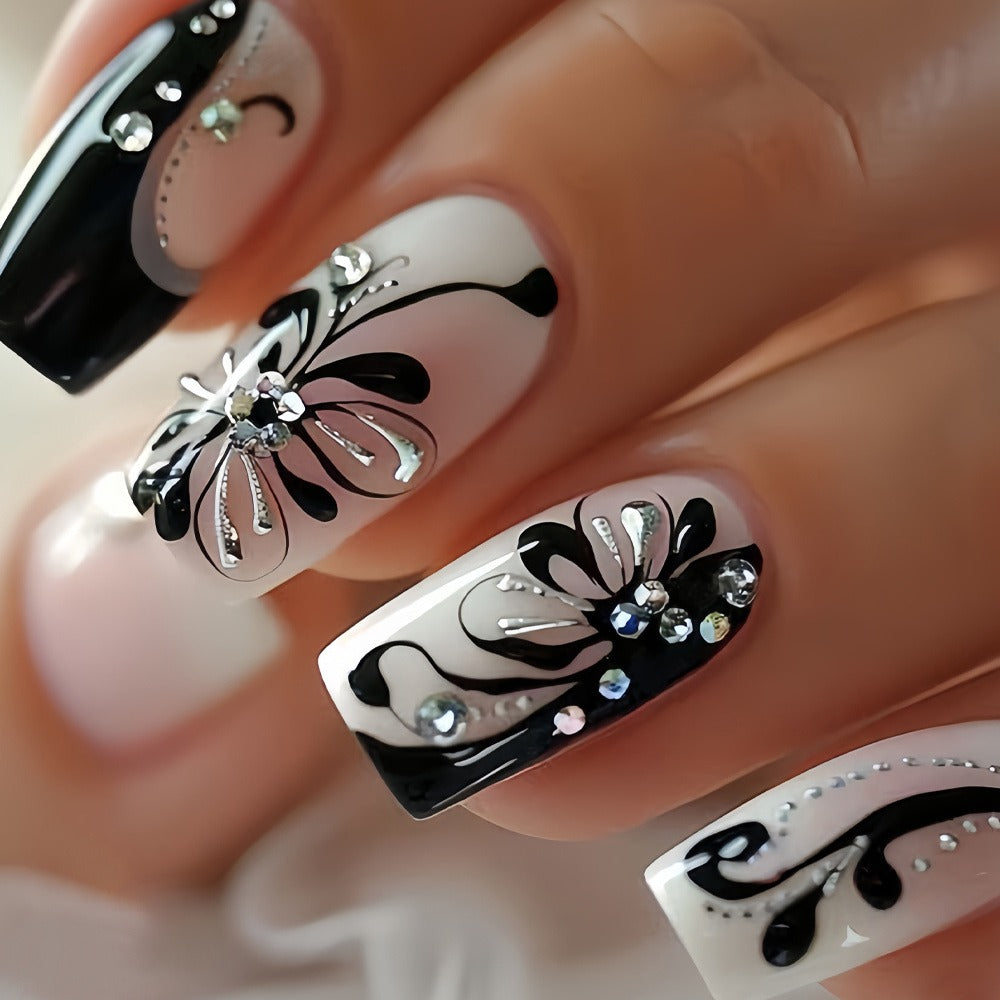 48pcs Black and White Suit Fake Nails Square French and Butterfly Pattern Full Coverage Fake Nails Fake Nails Detachable Nail Suit Is an Excellent Choice for Ladies and Valentine's Day Thanksgiving Holiday Party Gifts.