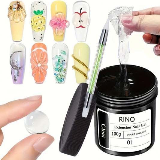 Clear 100G Non-Stick RINO Solid Extension for Nail Gel - 3D Sculpture And Rhinestone Adhesive, Easy Application, Odorless, Soak-Off LED Gel for Nail Art, with Alcohol-Free for Home Salon Use