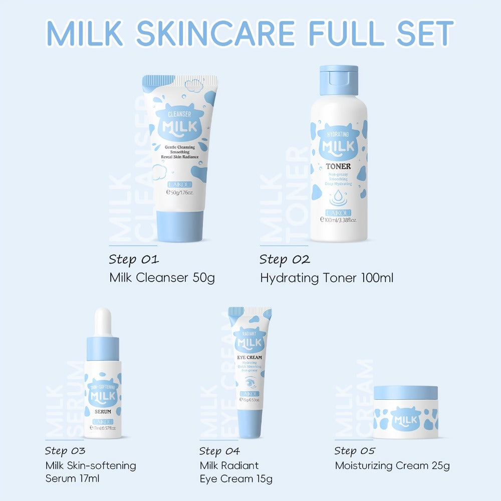 A Skincare Set That Nourishes Your Skin with Milk, Featuring Five Pieces Enriched with Milk Extract, Niacinamide, Alpha-Arbutin, And Vitamin E, Ideal for Dry to Normal Skin. A Perfect Gift for Occasions Like Valentine'S Day, Mother'S Day