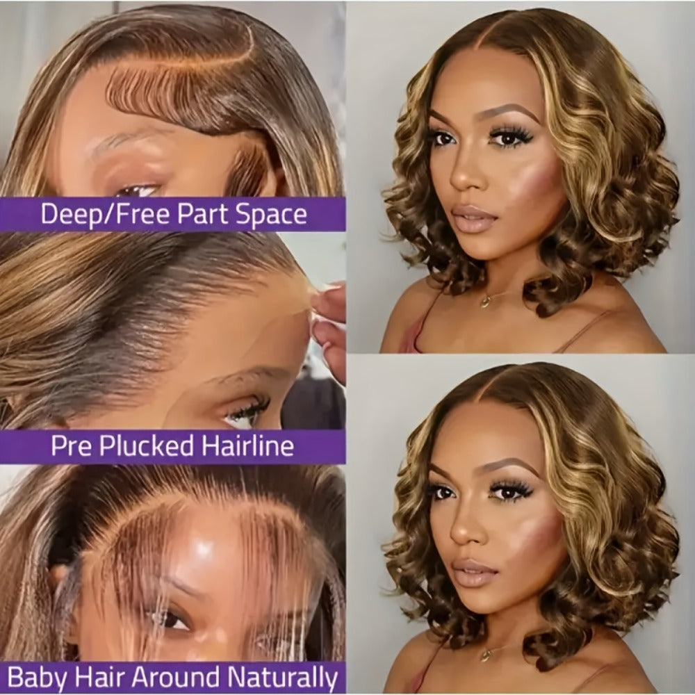Lace Front Wig Human Hair 13x4 HD — Honey Blonde Ombre Body Wave Pre-Plucked Brazilian Bob Wig with Baby Hair, Glueless Gradient Color Loose Wave Wig for Women