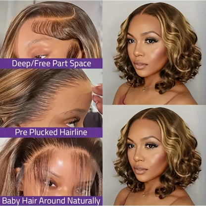 Lace Front Wig Human Hair 13x4 HD — Honey Blonde Ombre Body Wave Pre-Plucked Brazilian Bob Wig with Baby Hair, Glueless Gradient Color Loose Wave Wig for Women