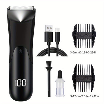 Men's Electric Groin Body Hair Trimmer Ceramic Blade USB Rechargeable Dry Wet Shaver 2 Protective Covers 500mAh Lithium Battery Valentine Father's Day Gift