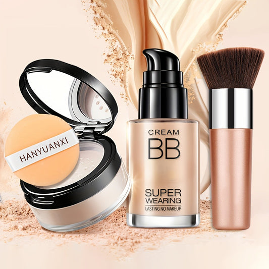 Flawless Face Makeup Kit- BB Cream & Makeup Powder & Brush, Includes Full Coverage Foundation, Moisturizing BB Cream, Waterproof Loose Setting Powder, Brush And Makeup Sponge, Hydrating Formula for All Skin Types | Ideal Halloween & Christmas Gifts