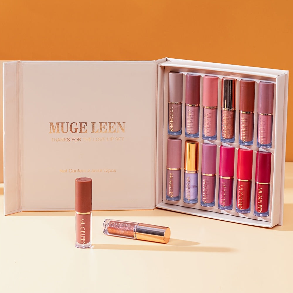 12pcs Lip Gloss Set, Matte Lip Glaze Set, Matte Pearlescent Non-stick Cup, Non-fading Lip Glaze Set Valentine's Day Gift