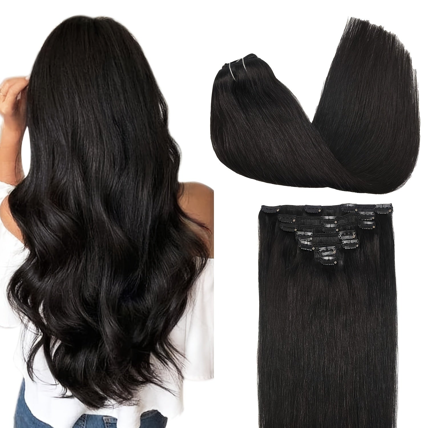 Straight Human Hair Clip In Hair Extensions for Unprocessed Full Head Brazilian Natural Black Color, 8/Pcs with 18Clips, 4.23 oz