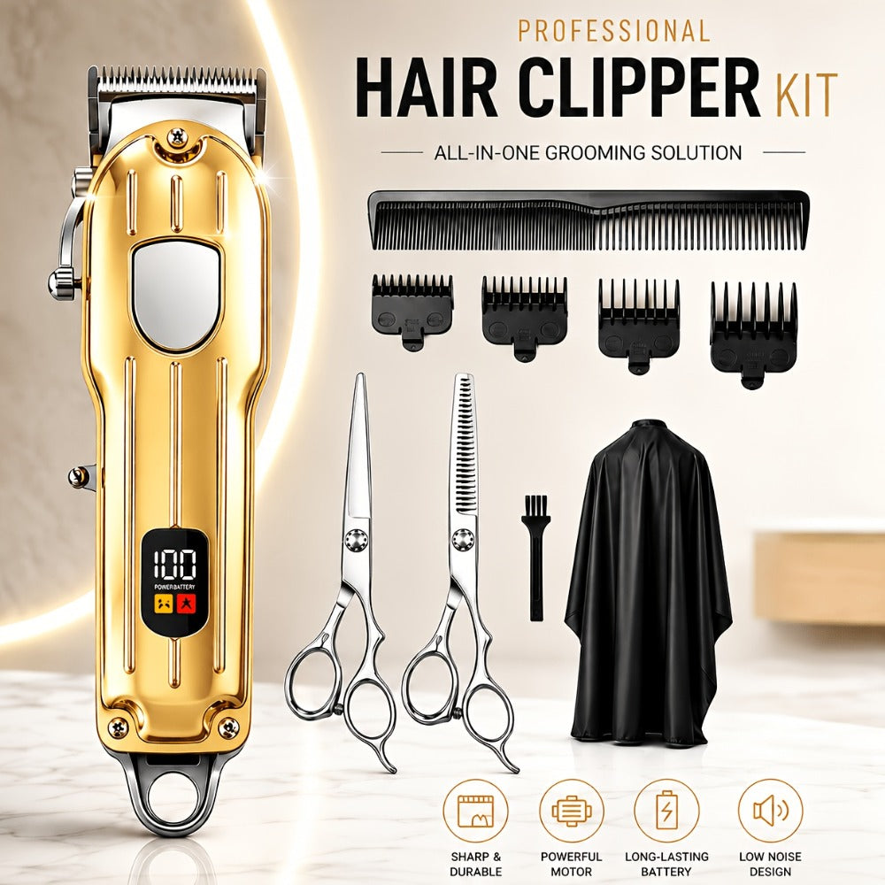 Professional Men's Hair Clipper Set with Digital Size Adjustment & USB- Clippers - Complete Kit with Scissors, 4 Limit Combs & Cleaning Brush - Barber Kit for Dad, Husband, (Ideal Gift)