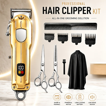 Barber Hair Clipper Kit for Men Professional USB Rechargeable Digital Size Adjustment Complete Set with Scissors 4 Limit Combs Cleaning Brush Gift for Dad Husband