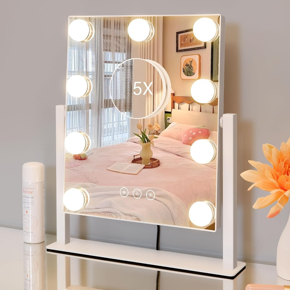 9-Light Magnetic Makeup Mirror with 5X Magnifying Lens - Smart Touch Control, 3 Lighting Modes (Daylight/Warm /Cool), 360° Rotating Vanity Mirror Suitable for Women' Birthday/Holiday Gift, Hollywood Lighting Mirror