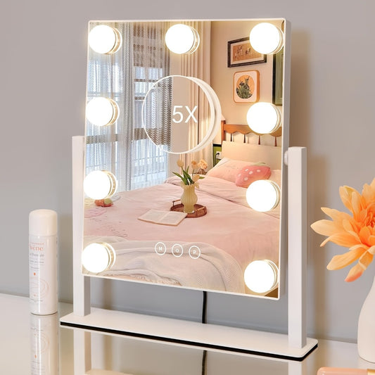 Lighted Makeup Mirror with 5X Magnification - 9 LED Vanity Mirror with 3 Color Lighting Modes, 360° Rotating, USB Powered, Touch Control, Hollywood Style Vanity Mirror for Women, Gift