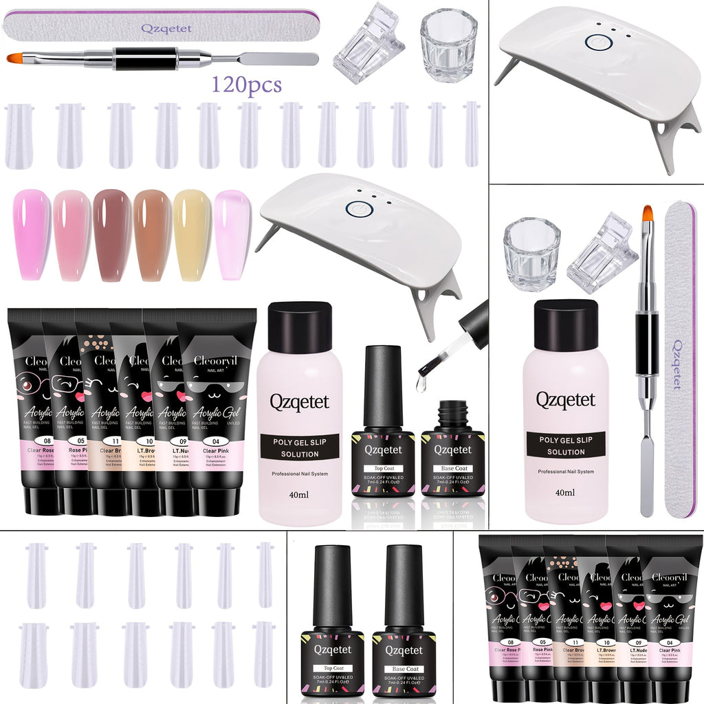 Polymer Gel Nail Extension Kit - 6 Colors with Nail Art Additions, Starter Kit, Mini Light, Use at Home, Including Nail Gel And More, USB Powered, Gel Nail Supplies, Easy to Operate, Slip Solution for Beginners