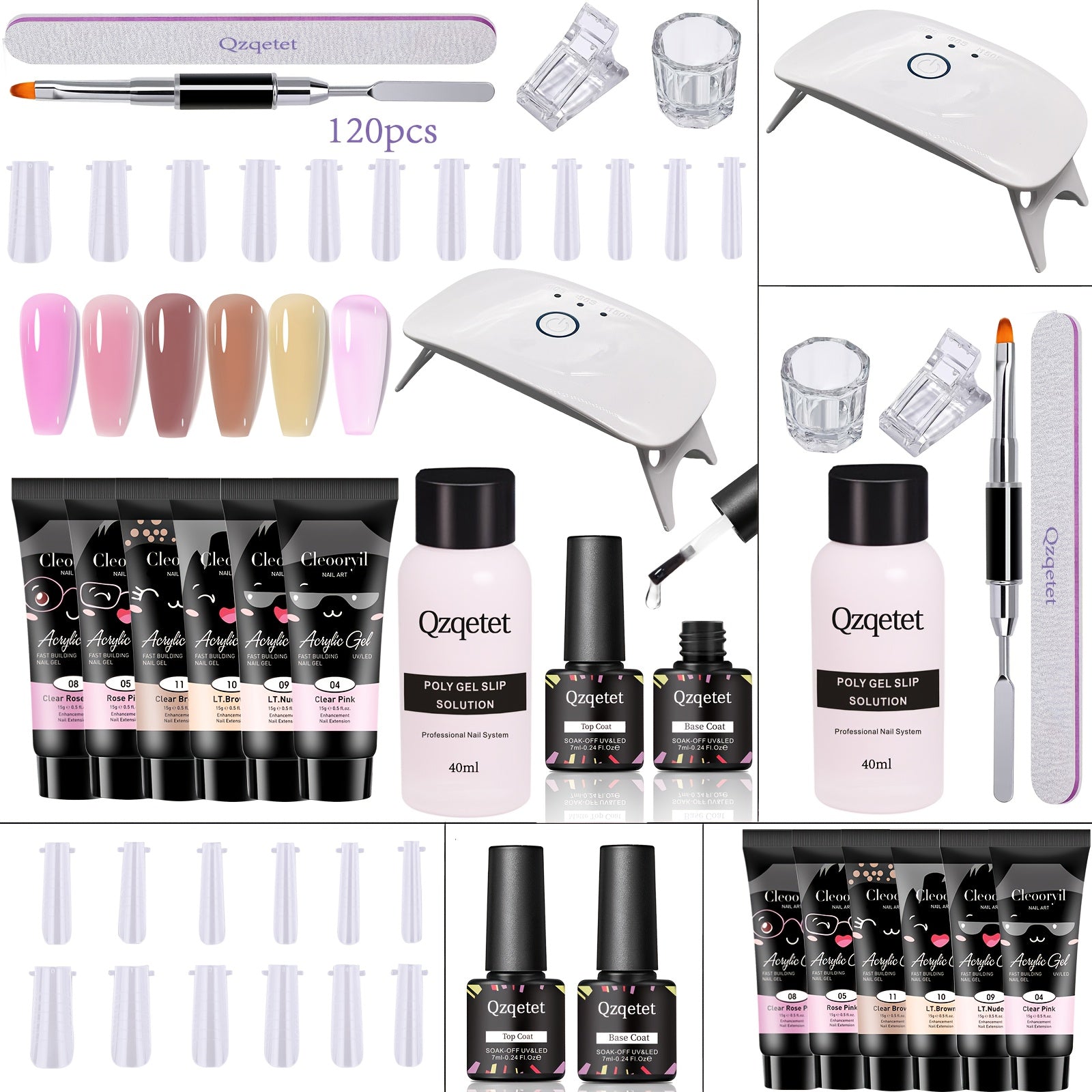 Polymer Gel Nail Extension Kit - 6 Colors with Nail Art Additions, Starter Kit, Mini Light, Use at Home, Including Nail Gel And More, USB Powered, Gel Nail Supplies, Easy to Operate, Slip Solution for Beginners
