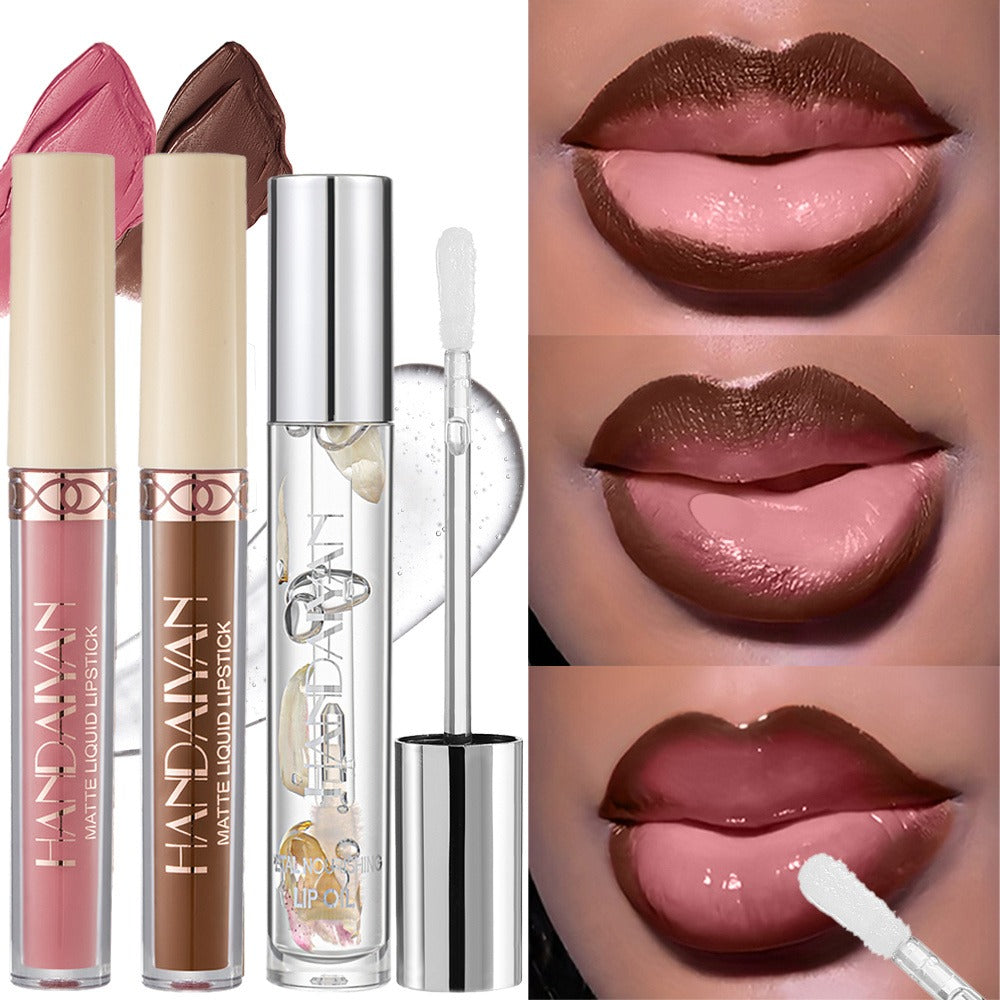 Lip Gloss Set 3pcs - Matte Lip Gloss, Lip Oil & Lip Liner Combo, Waterproof Long-Lasting Non-Sticky Velvet Finish, Mixed Shades for Party Festival Halloween Christmas Daily Makeup