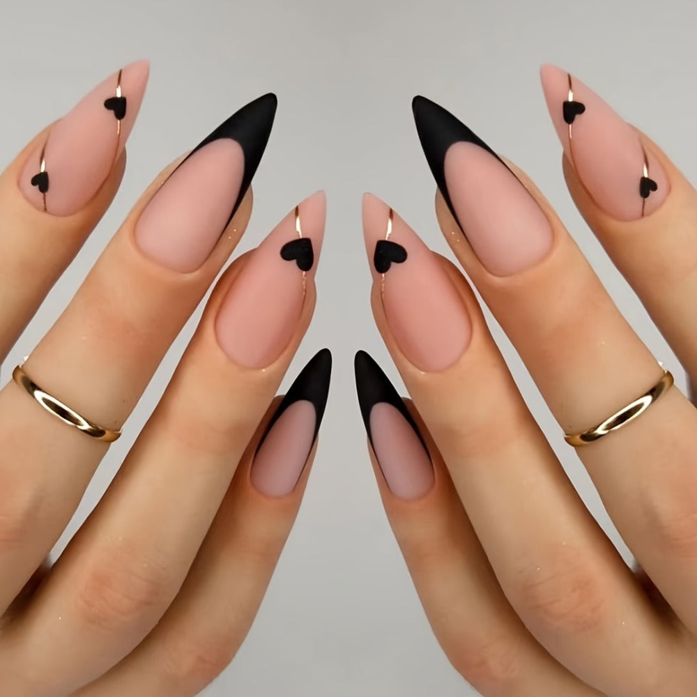 144pcs Pink Press On Nails Short Almond - Flower Small Flowers Fake Nails Rhinestone Press Ons Black French Nail Tip Glue On Nails with Cute Design Full Cover False Nails Stick On Nail Acrylic Nail Art Kit