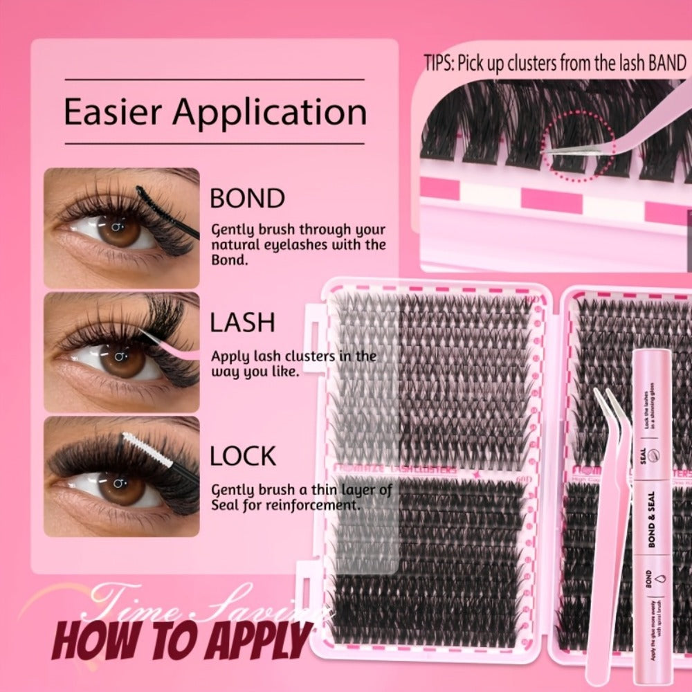 Lash Clusters Kit Wispy Volume Eyelash Extensions Mega Volume Cluster Lashes Mixed Length 800pcs-30D40D60D80D Volume Styles Kit With Bond Seal & Applicator Romantic For Prom Glam Lashes Party Lashes For Long Lasting Prom Look