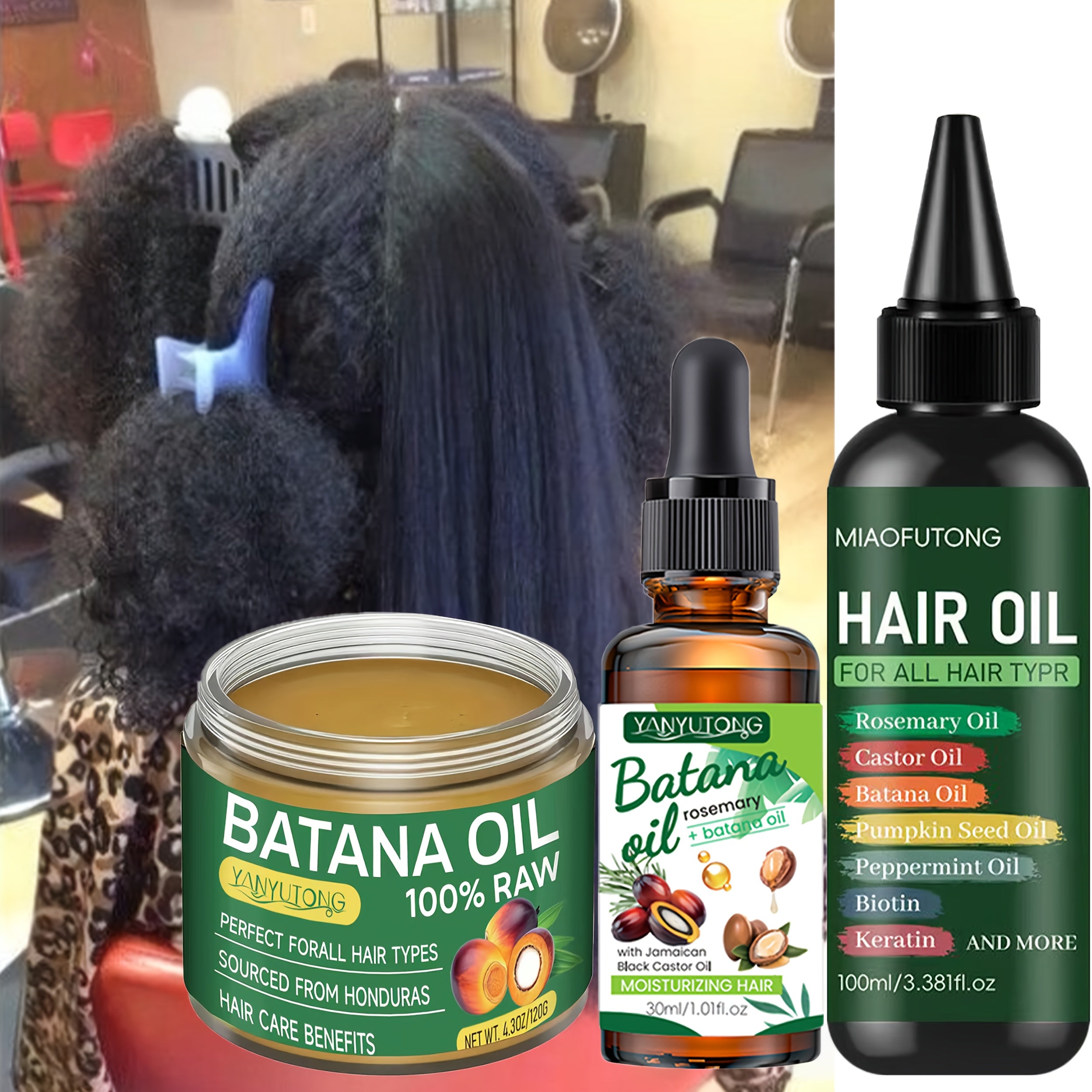 3pcs Honduras Bataina Hair Oil + Bataina Essential Oil + Bataina Conditioner. Pure Cold-pressed Extract Containing Biotin to Nourish The Scalp And Hair, Strengthen And Prevent Breakage And Split Ends, And Enhance Shine. Suitable for All Hair Types