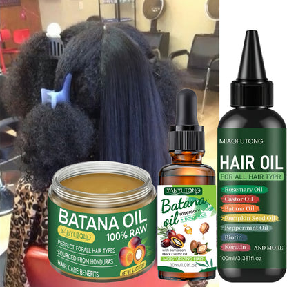 Bataina Hair Oil 3-Piece Set | Cold-Pressed Biotin Hair Oil + Essential Oil + Conditioner | Strengthens Prevents Breakage Split Ends Enhances Shine | All Hair Types