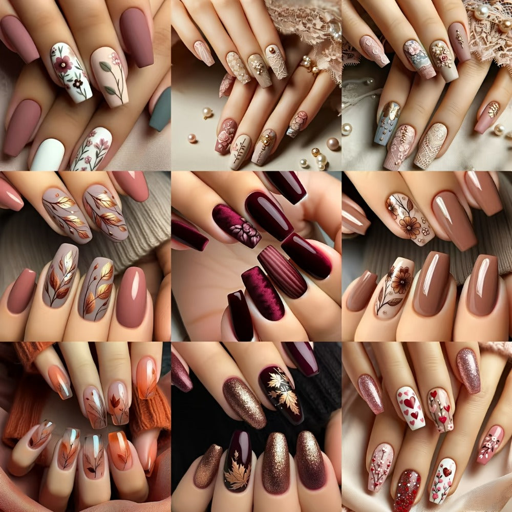 216pcs Ballet Nail Shape Press On Nails Set, Mixed Color System with Flower & Maple Patterns, Middle Length with Glossy Finish - Seasonal Fashion Kit Including Jelly Adhesive & Nail File
