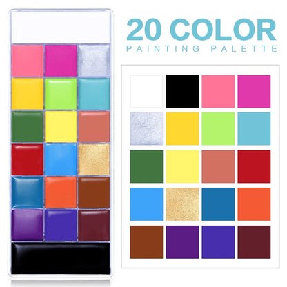 Face Body Paint Palette 20 Colors Oil-Based - Halloween SFX Makeup Kit Black White Flash Tattoo Cosplay Festival Stage Artist Full Size 168g